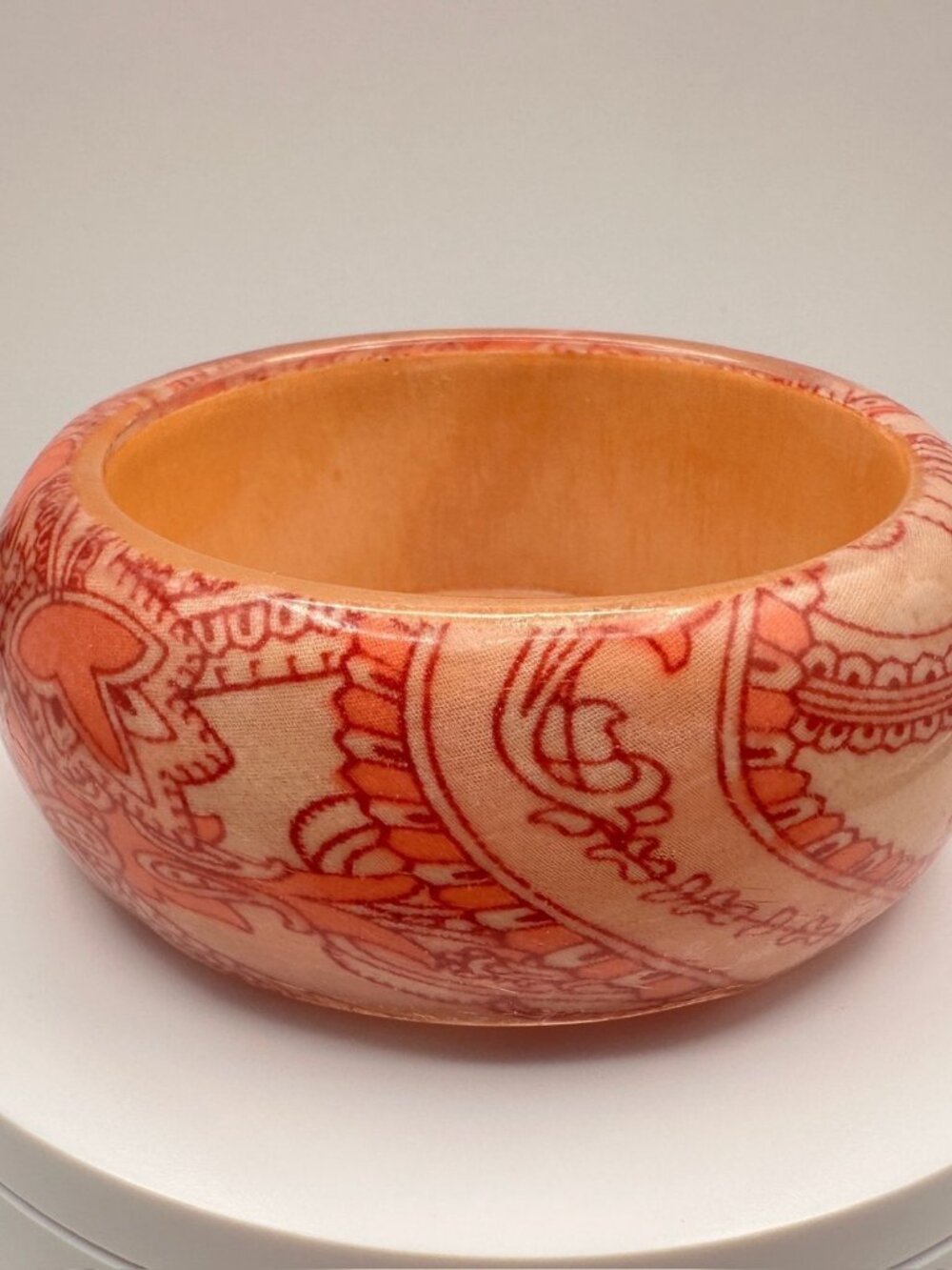 Vintage 90s Paisley Decoupage Wooden Bangle Bracelet Wide Statement Jewelry